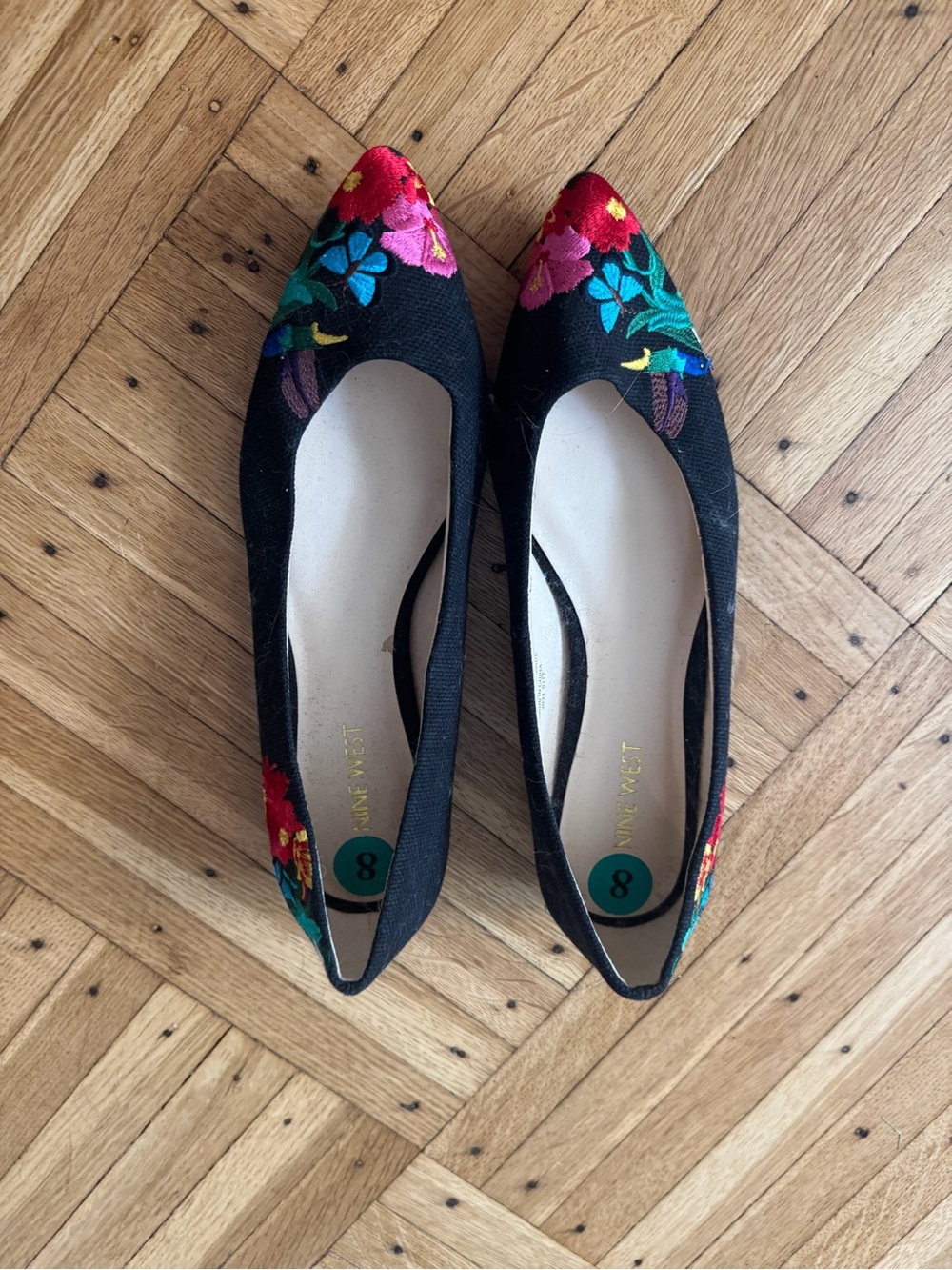 Nine West Black Pointed Toe Flats with Colorful Floral Embroidery - Picture 3 of 4